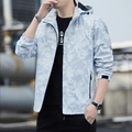 Outdoor waterproof camo jacket for men featuring a blue and grey honeycomb pattern - M / Men's Light Gray