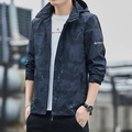 Men's navy marble print hooded windbreaker with removable hood and sports logo - M / Black