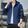 Chaqueta de hombre con capucha azul oscuro, forro polar y cremallera cortavientos - M / Estilo Básico (Sin Forro) / Azul oscuro