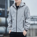 Men's light grey hooded windbreaker jacket with black zipper and stylish urban design - M / Light Gray