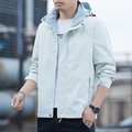Men's outdoor hooded jacket in light grey-green with contrast lining and cargo pockets - S / Ivory