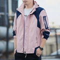 Outdoor herenjack met capuchon in roze en donkerblauw kleurblok ontwerp - S / Roze
