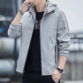 Men's casual light grey hooded fleece jacket with windproof fabric and zipper pockets - M / Basic Style (No Fleece) / Light Gray