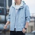 Men's light blue hooded windbreaker jacket with zipper and pockets in casual outdoor style - S / Sky Blue