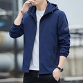 Men's dark blue hooded casual jacket with small sleeve print and zip-up design - M / Dark Blue