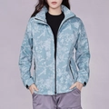 Women's windproof jacket featuring light blue camo pattern and a detachable hood - M / Women's Green