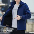 Men's navy blue hooded cargo jacket with warm black fleece lining and zip closure - M / Fleece Lined Deep Blue