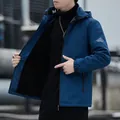 Men's dark blue windbreaker jacket with warm black fleece lining and zip closure - M / Fleece Blue