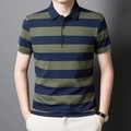 Polo entallado de algodón a rayas azul marino y verde para hombre con tres botones - M / Verde Militar