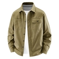 Men's khaki cotton workwear long-sleeve shirt with dual chest pockets in loose fit - Khaki