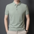 Men's polo shirt in light green mercerized cotton with ribbed cuffs and 3-button placket - Blue-Grey