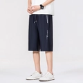 Men's loose navy blue ice silk sports shorts with zip pockets and Sports 1987 print - M / Dark Blue