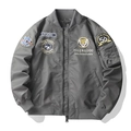 Men's dark gray flight bomber jacket with military patches and ribbed trim finish - M / Gray
