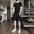Men's black ice silk short sleeve sports set with geometric prints and zipper pockets - M / Black