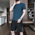 Men's summer ice silk tracksuit featuring navy short sleeve t-shirt and black shorts - M / Blue
