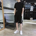 Herren Sommer Eisseide Schwarz Kurzarm T-Shirt und Shorts Set mit seitlichem Aufdruck - M / Schwarz