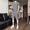 Men's ice silk quick-dry sportswear set in grey with geometric print short sleeves - M / Gray