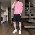 Men's summer quick-dry sports set with pink short sleeve T-shirt and black shorts - M / Pink