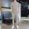 Khakifarbenes Herren Sommer-Freizeitset aus Eisseide mit Kurzarm-Shirt und Shorts - M / Khaki