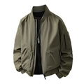 Men's slim fit olive green flight jacket with ribbed collar and arm zipper pocket - M / Khaki