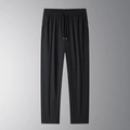 Men's black ice silk pants with elastic drawstring waist and breathable waffle texture - M / Black / Straight Hem