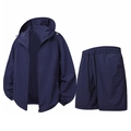 Men's dark blue summer sun protection set including hooded jacket and drawstring shorts - Navy Blue