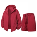 Men's dark red sun protection outfit with hooded jacket and drawstring sports shorts - Dark Red