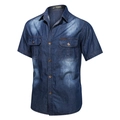 Men's dark blue short sleeve washed denim shirt with chest pockets and outdoor style design - Dark Blue