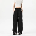 Unisex black loose-fit cargo pants with elastic drawstring waist and side pockets - S / Charcoal Black