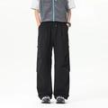 Retro black wide-leg cargo pants with elastic drawstring waist and side pockets - S / Charcoal Black