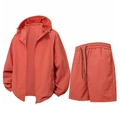 Men's sun protection set with deep orange hooded jacket and matching drawstring shorts - Orange Red