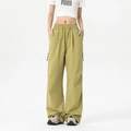 Unisex olive green loose cargo pants with elastic waistband and zip side pockets - S / Rock Slope Yellow