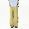 Men's wide-leg cargo pants in olive green with pleated knee details and side zipper pocket - S / Rock Slope Yellow