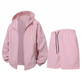 Pink summer sun protection suit for men including a zip-up hooded jacket and drawstring shorts - Pink