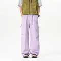 Urban outdoor purple wide-leg cargo pants with drawstring waist and pleated knee detail - S / Mist Purple