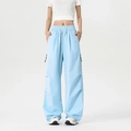 Women's light blue wide-leg cargo pants with drawstring waist and zip pockets - S / Glacier Blue