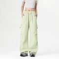 Light green cargo wide-leg pants with elastic drawstring waist and side zipper detail - S / Light Moss Green