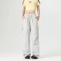 Relaxed fit light grey cargo pants with adjustable drawstring waist and side zip pockets - S / Egret Grey