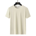 Men's ice silk modal t-shirt in beige with striped crew neck and breathable texture - M / Khaki (Men's)
