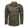 Army green long sleeve cargo shirt for men featuring double chest pockets and shoulder straps - M / Army Green