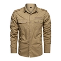 Detail of khaki military style shirt featuring shoulder epaulets and dual chest pockets - M / Khaki