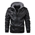Men's faux leather biker jacket with grey hood and multiple pockets in black - S / Black