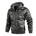 Men's winter camo hooded biker PU leather jacket with detachable knit hood and zip pockets - S / Gray