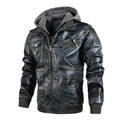 Men's blue camouflage hooded faux leather motorcycle jacket with removable knitted hood - S / Dark Blue
