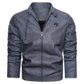Giacca vintage da uomo in ecopelle blu con colletto alla coreana e fodera in pile - M / Blu