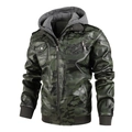 Men's camouflage hooded PU leather motorcycle jacket with removable grey knit hood - S / Green