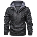 Men's black faux leather motorcycle jacket with a grey hood and ribbed cuffs - S / Gray