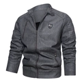 Giacca retrò in pelle PU da uomo con colletto dritto e tasche a zip in grigio scuro - M / Nero