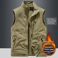 Men reversible fleece vest in khaki and army green with zip pockets and stand collar - M / Khaki