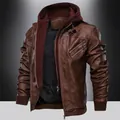 Men's brown faux leather motorcycle jacket with burgundy hood and ribbed cuffs - S / Brown